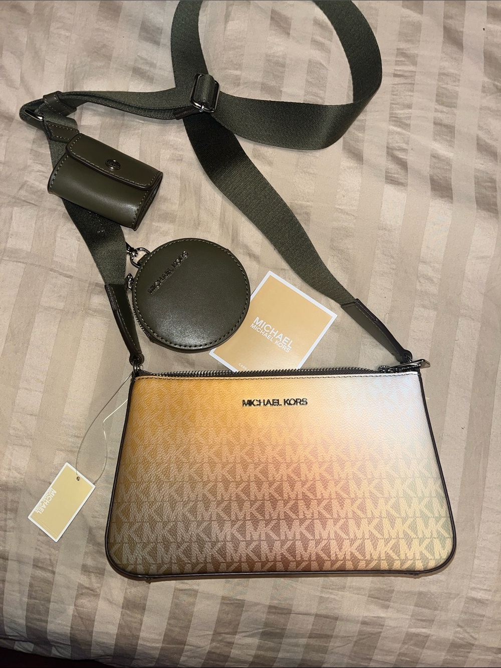 Michael Kors Gradient MK Crossbody with Olive Green Strap and Pouches
